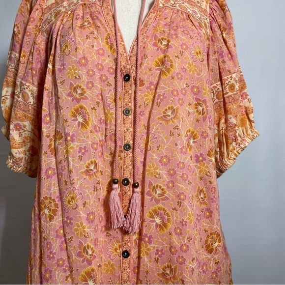 Spell • Sundown Camel Floral Print Short Sleeve Button Down Blouse Top Apricot S - Picture 8 of 10